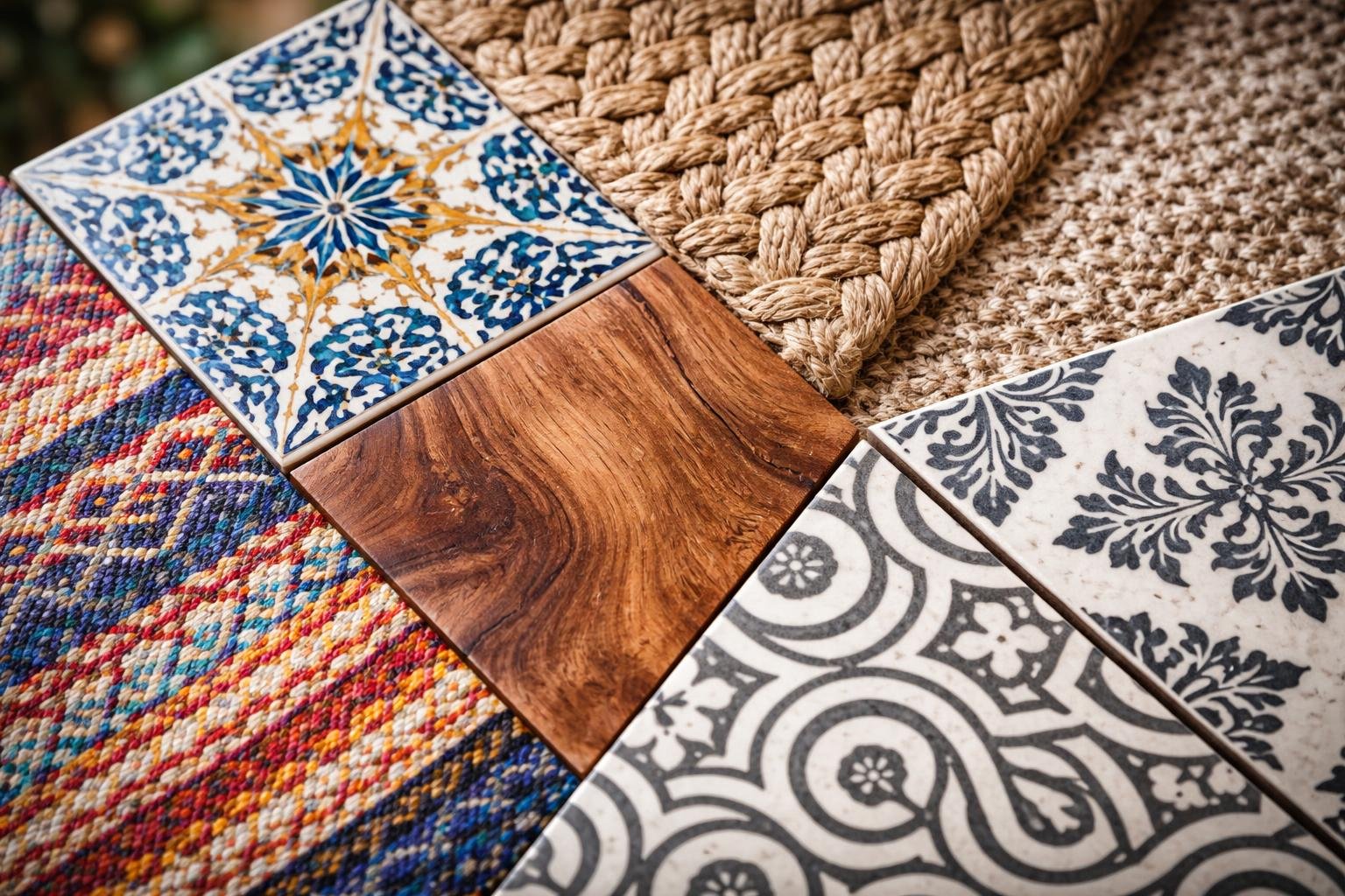 Close-up view of various textured patterns including tiles, fabric, wood grain, and floral designs arranged together.