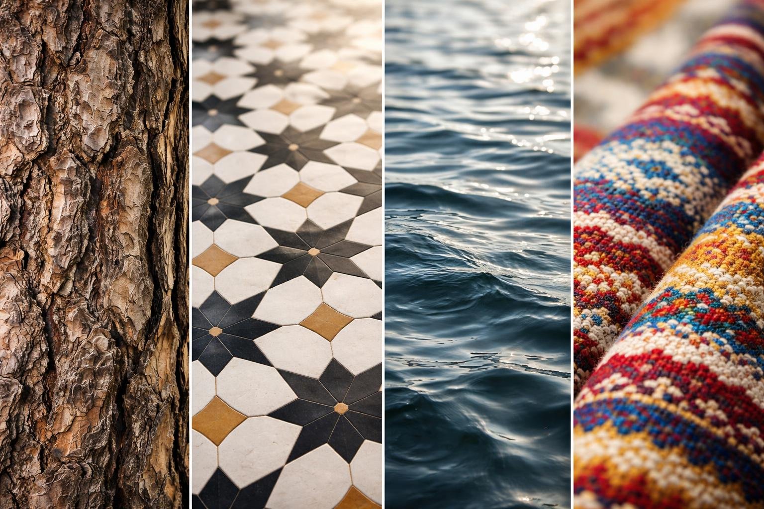 Close-up view of natural and human-made patterns including tree bark, tiled floor, water ripples, and patterned fabric.