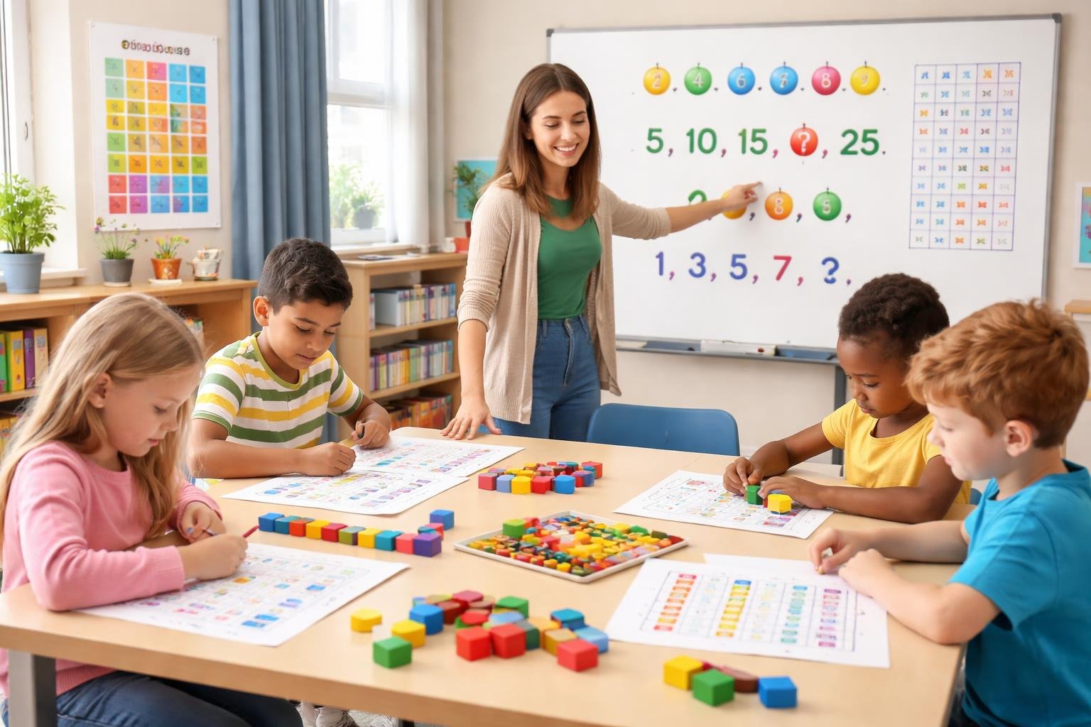 Young students and a teacher working together on number patterns activities in a bright classroom.