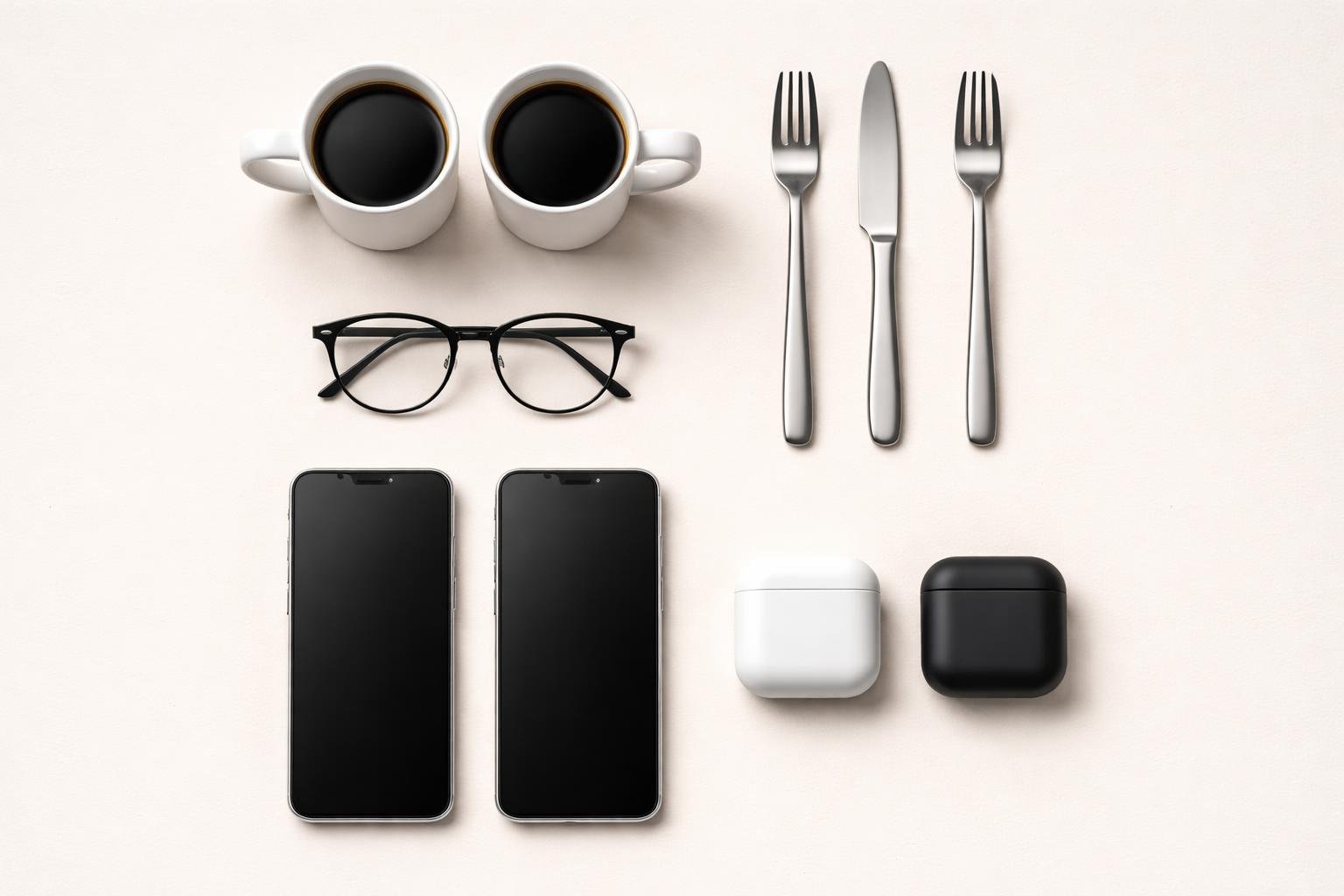 A collection of everyday symmetrical objects including matching coffee mugs, silverware, eyeglasses, and smartphones arranged neatly on a plain surface.
