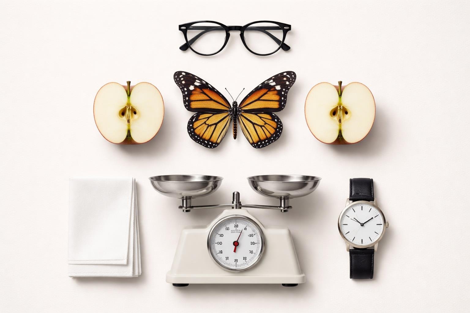 A collection of symmetrical everyday objects including eyeglasses, a butterfly, a sliced apple, kitchen scales, a folded napkin, and a wristwatch arranged on a plain background.