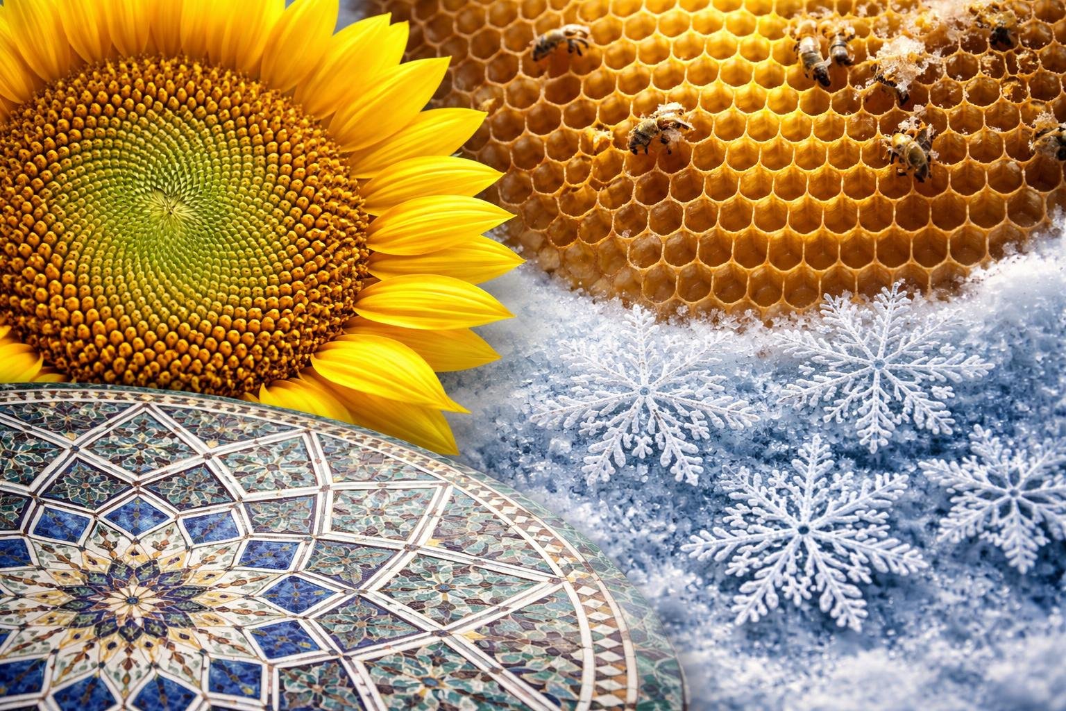 Close-up view of natural and man-made objects showing math patterns like a sunflower, honeycomb, snowflakes, and geometric tiles.