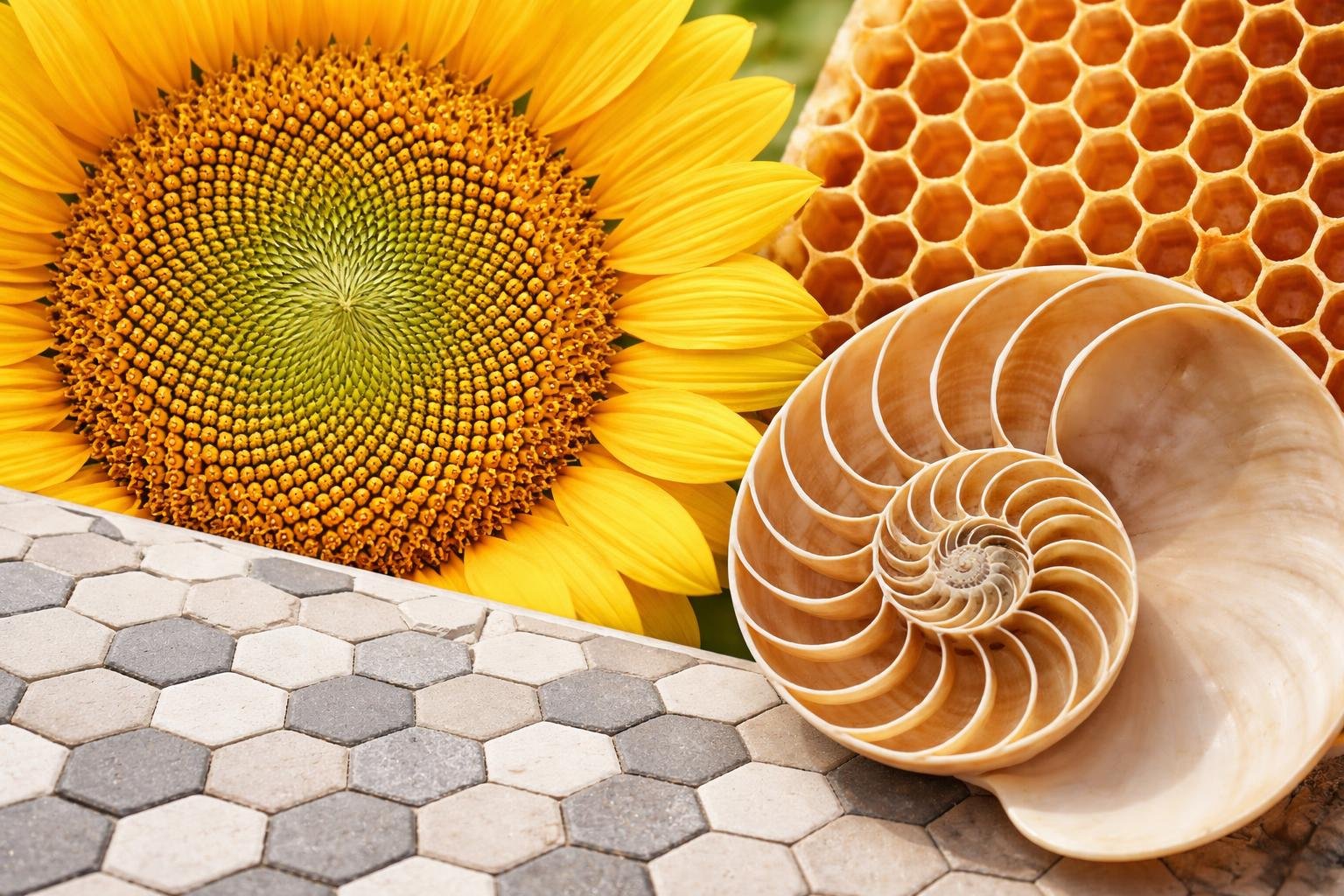 Close-up of natural and man-made objects showing mathematical patterns like sunflower spirals, honeycomb hexagons, a seashell spiral, and geometric tiled floor.