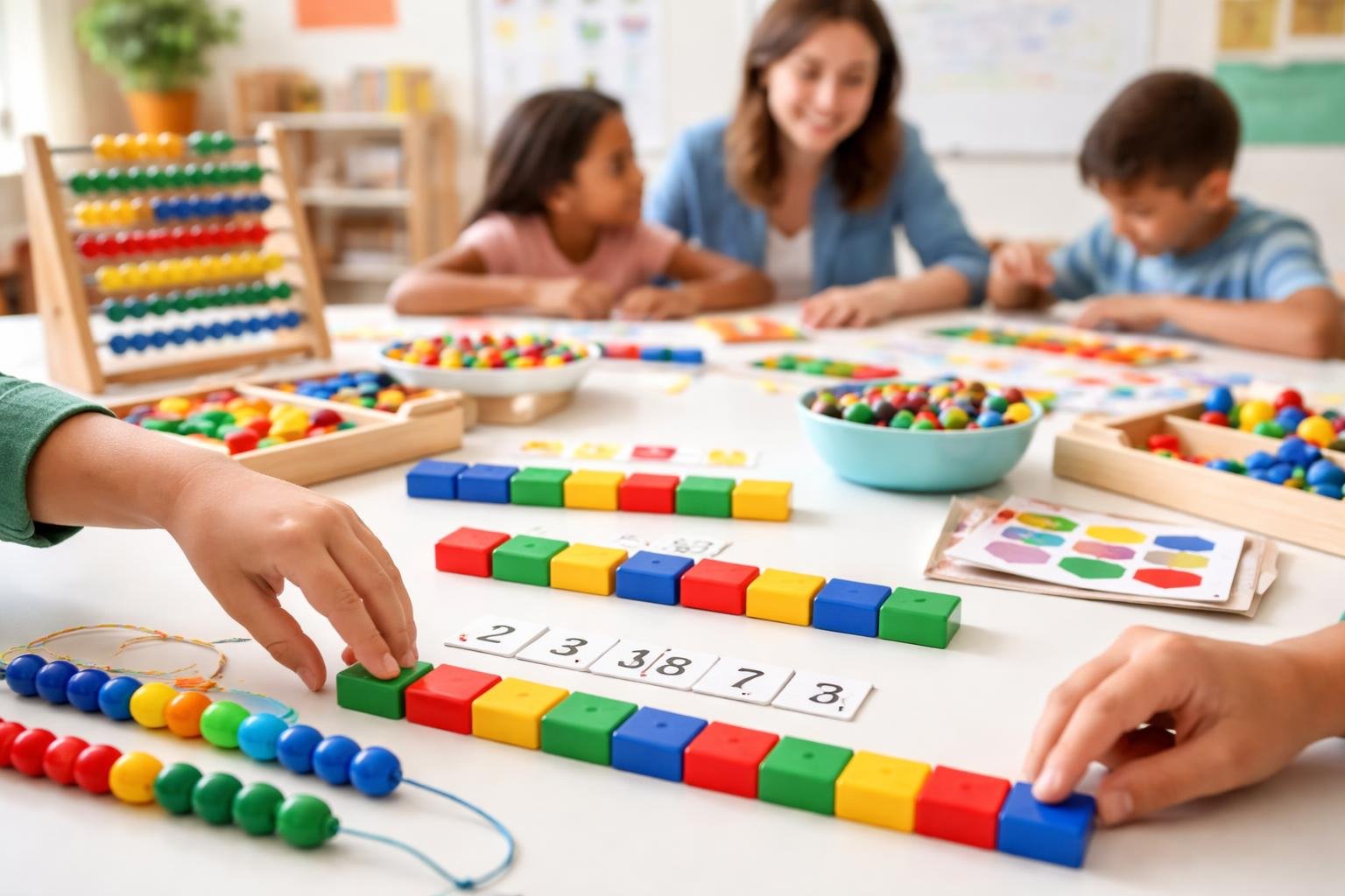 Children's hands arranging colorful shapes and number tiles on a table as a teacher guides them in a classroom.