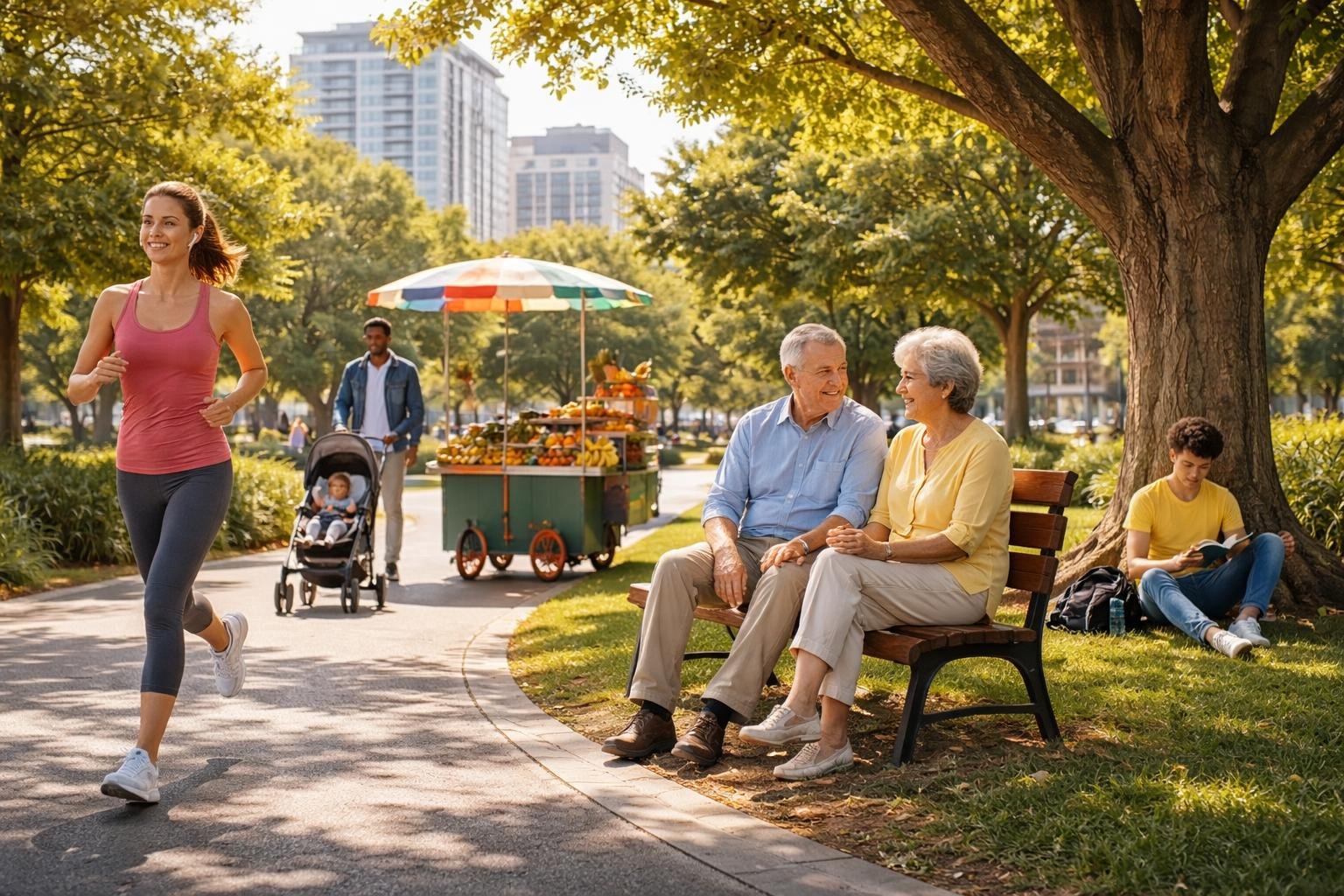 People engaged in daily activities in a city park including jogging, sitting on a bench, pushing a stroller, reading, and selling fruits.
