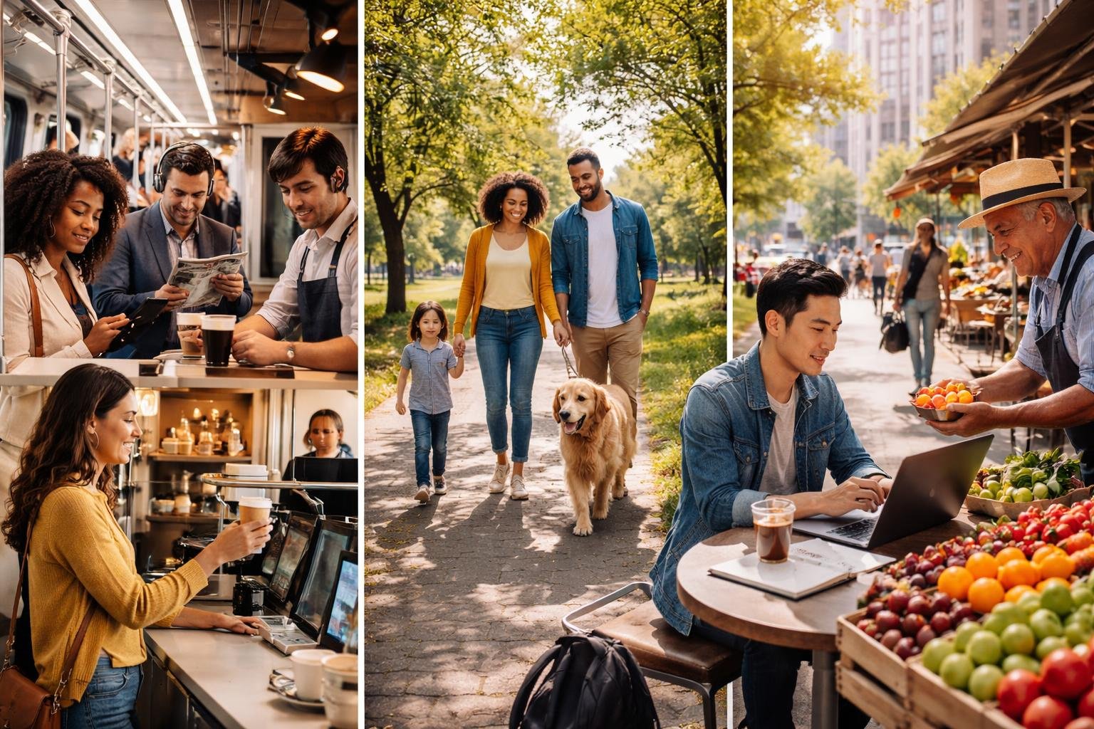 People engaged in everyday activities such as commuting, buying coffee, walking a dog, working outdoors, and shopping at a street vendor in a city park.