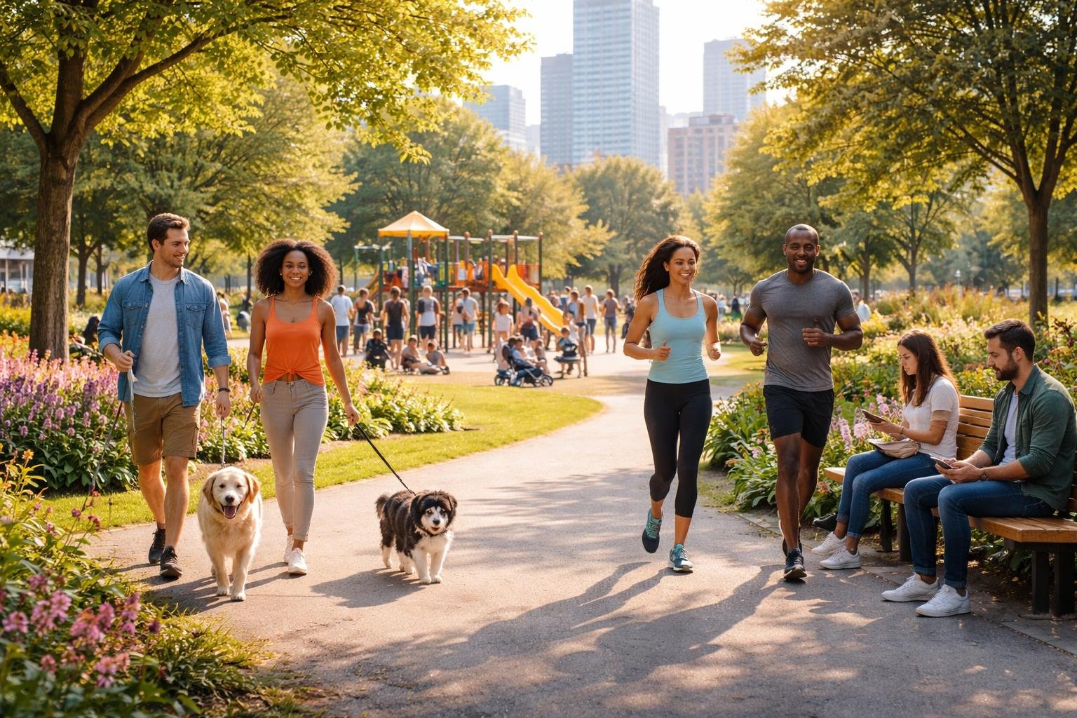 People enjoying a sunny day in a city park, walking dogs, jogging, reading, and children playing on a playground.
