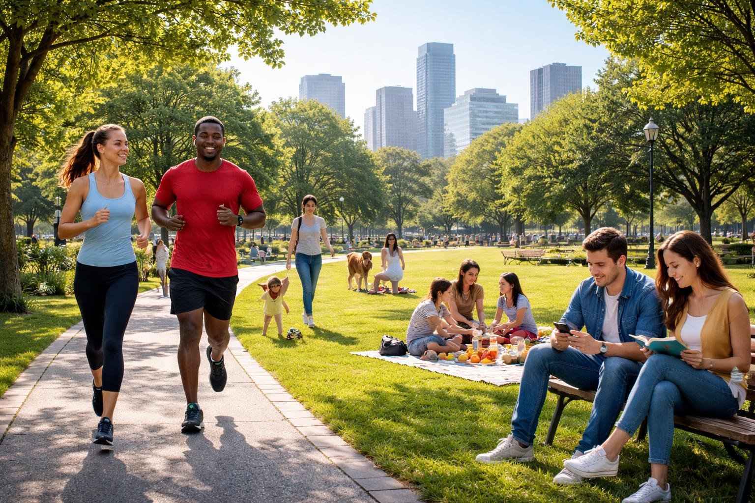 People of different ages enjoying various daily activities in a city park, including jogging, reading, playing, and having a picnic.