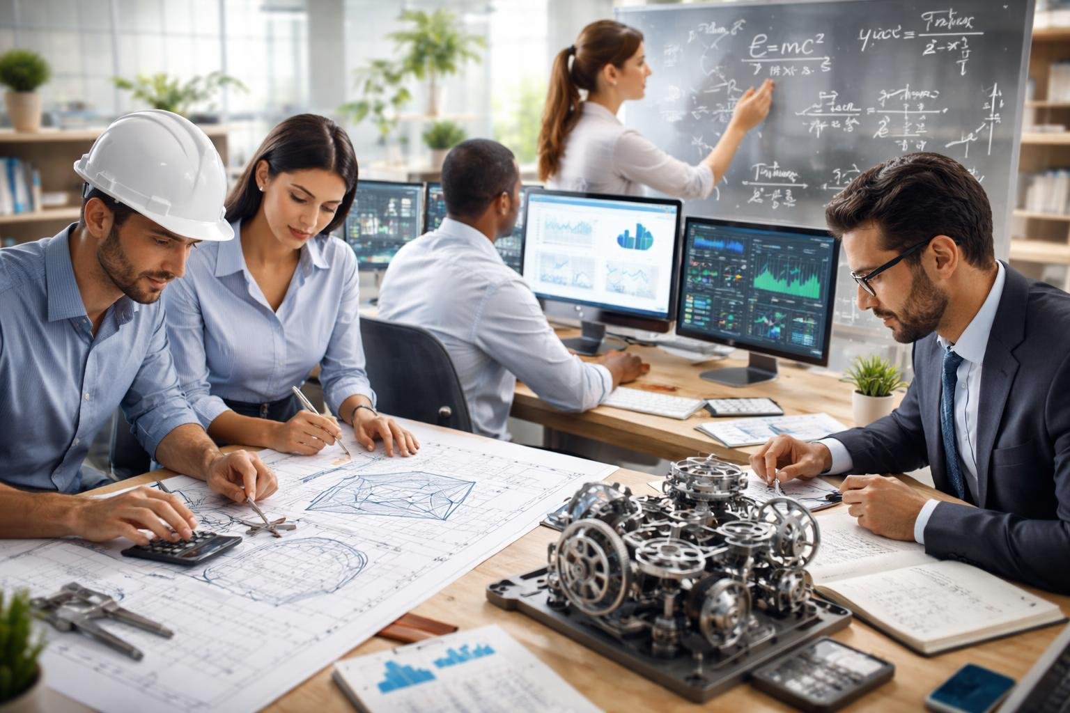 People in a modern office using math in various professions, including architecture, science, finance, teaching, and engineering.