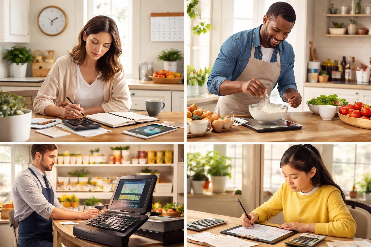 People performing everyday tasks involving math, such as budgeting, measuring ingredients, studying math problems, and using a cash register.