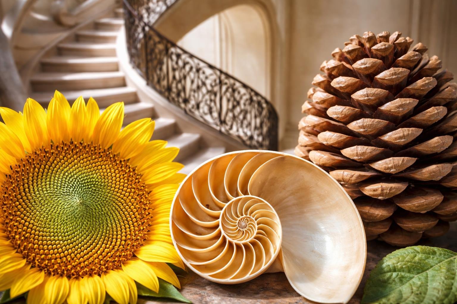 A close-up of a sunflower, a nautilus shell, a pine cone, and a spiral staircase, all showing spiral patterns found in nature and design.