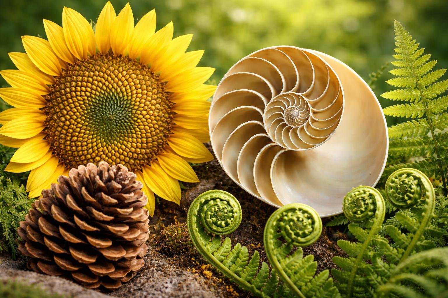Close-up of a sunflower, pine cone, nautilus shell, and fern leaves, each showing spiral patterns found in nature.