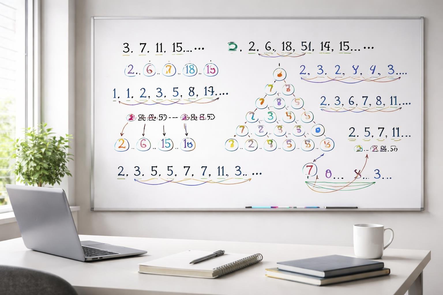 A workspace with a whiteboard showing colorful mathematical number patterns and sequences, alongside a desk with a laptop and notebooks.
