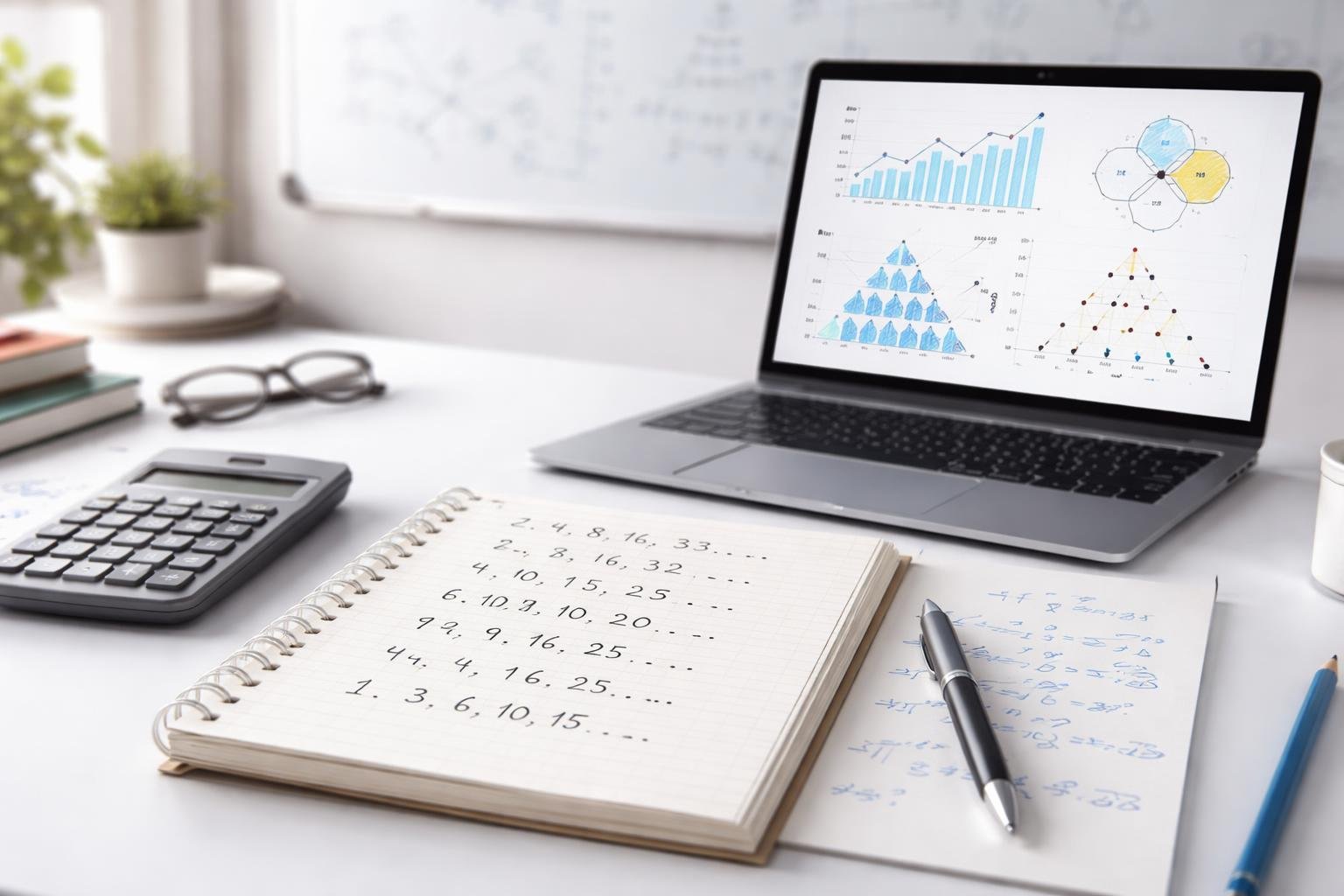 A workspace with a notebook showing number sequences, a calculator, a pen, and a laptop with graphs, set against a blurred background with mathematical formulas.
