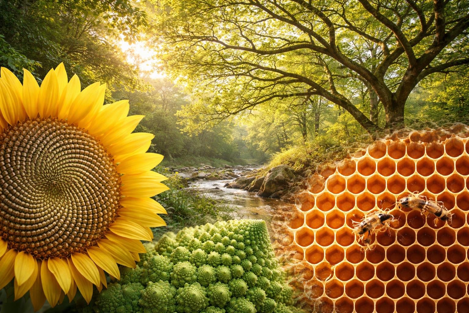 Close-up and wide views of natural patterns like sunflower seed spirals, honeycomb hexagons, and tree branches in a peaceful outdoor setting.