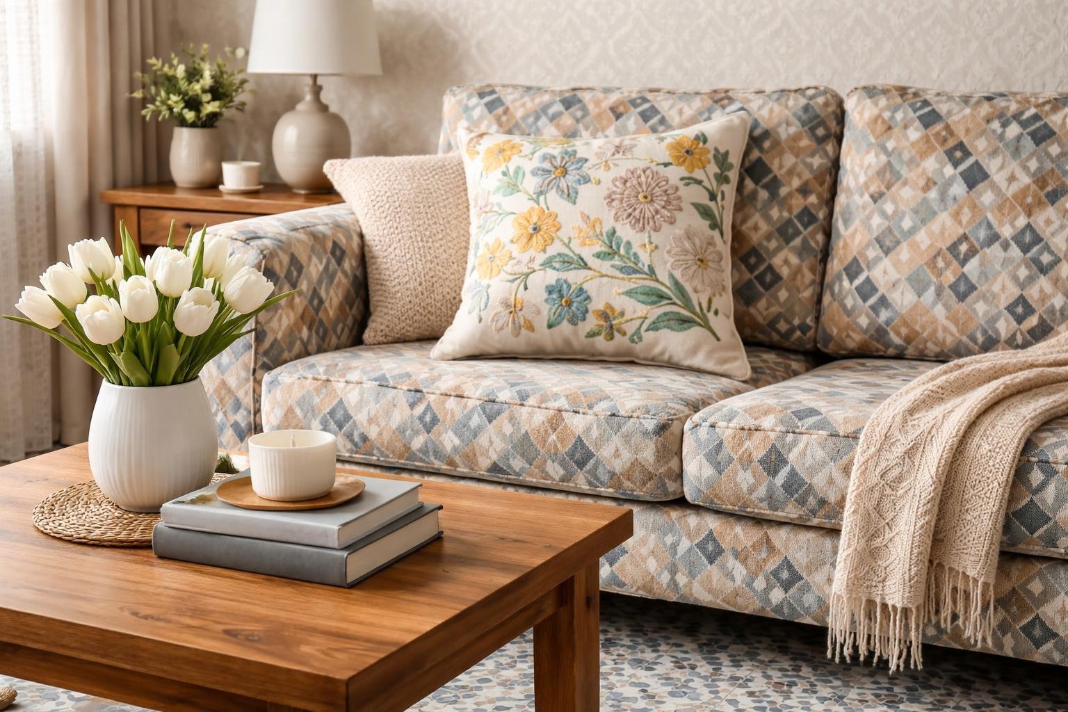 A living room showing various household patterns including patterned sofa fabric, floral throw pillow, wooden table grain, tiled floor, and wallpaper.