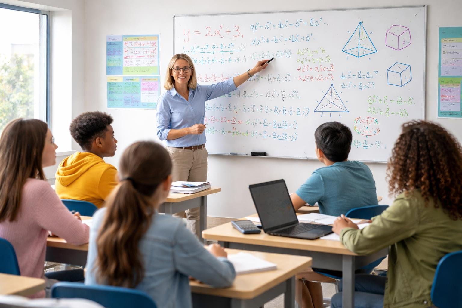 A teacher explaining math concepts on a whiteboard to a group of attentive students in a bright classroom.