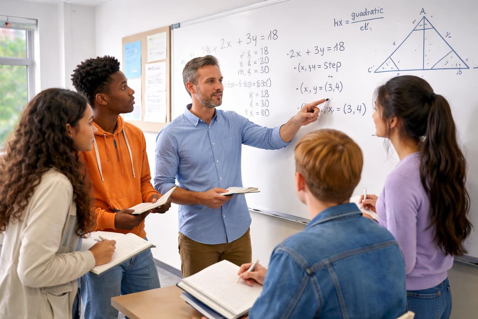 A teacher and students working together on a math problem at a classroom whiteboard.