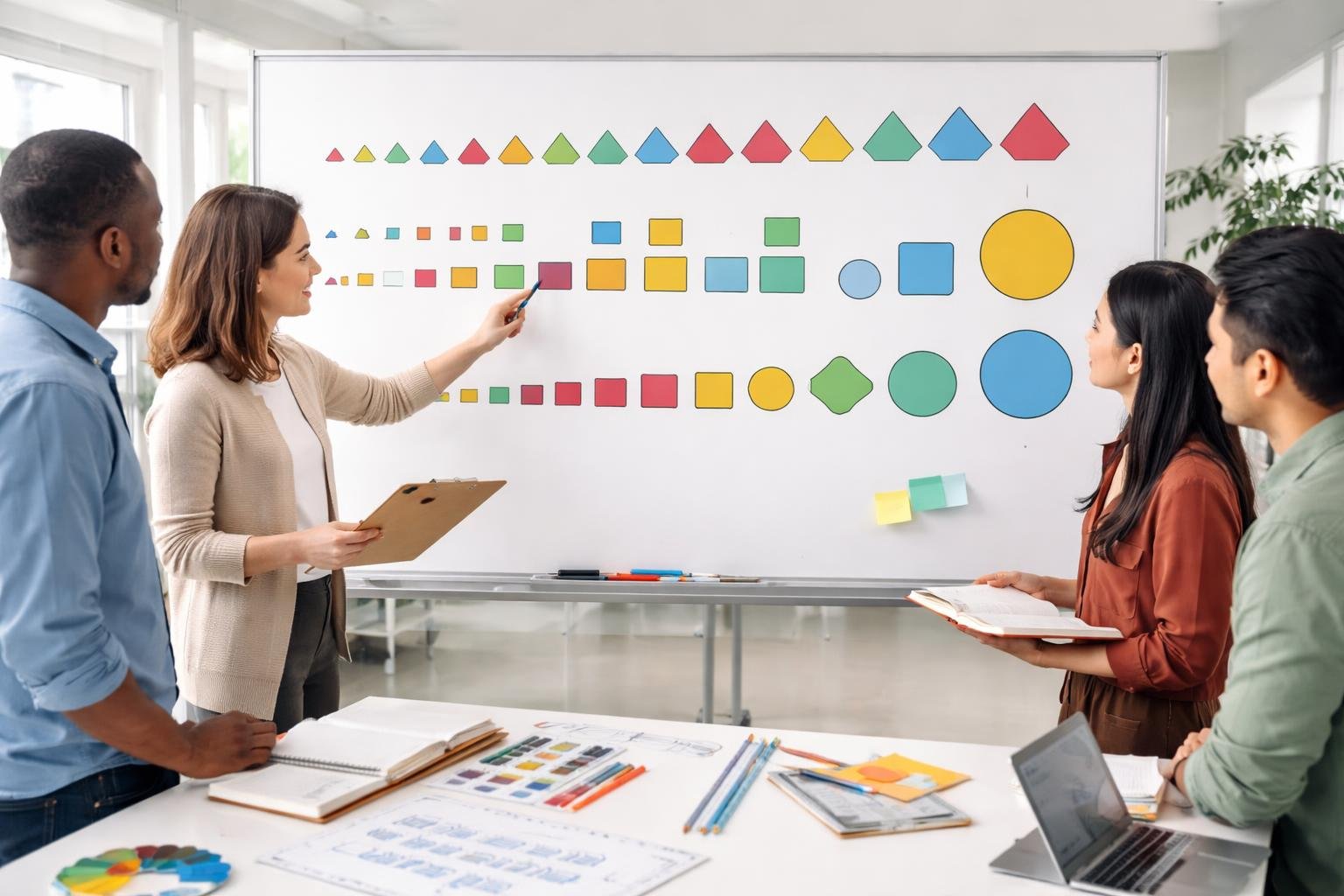 A group of people in a modern workspace examining colorful geometric shapes arranged in repeating and growing sequences on a whiteboard.