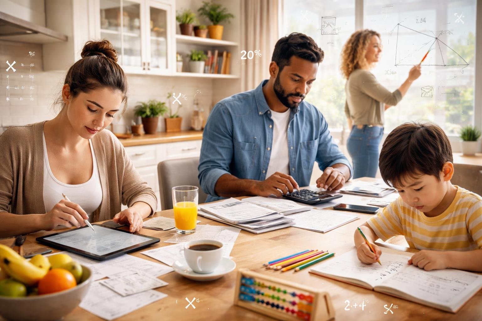 People of different ages using math in daily life, including budgeting, studying, and teaching, in a bright modern setting.