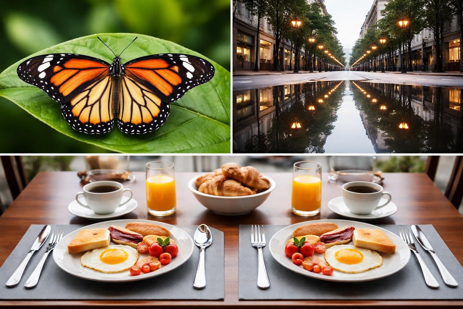 A scene showing a butterfly with symmetrical wings on a leaf, a city street with evenly spaced streetlights reflected in water, and a breakfast table with plates and cutlery arranged symmetrically.