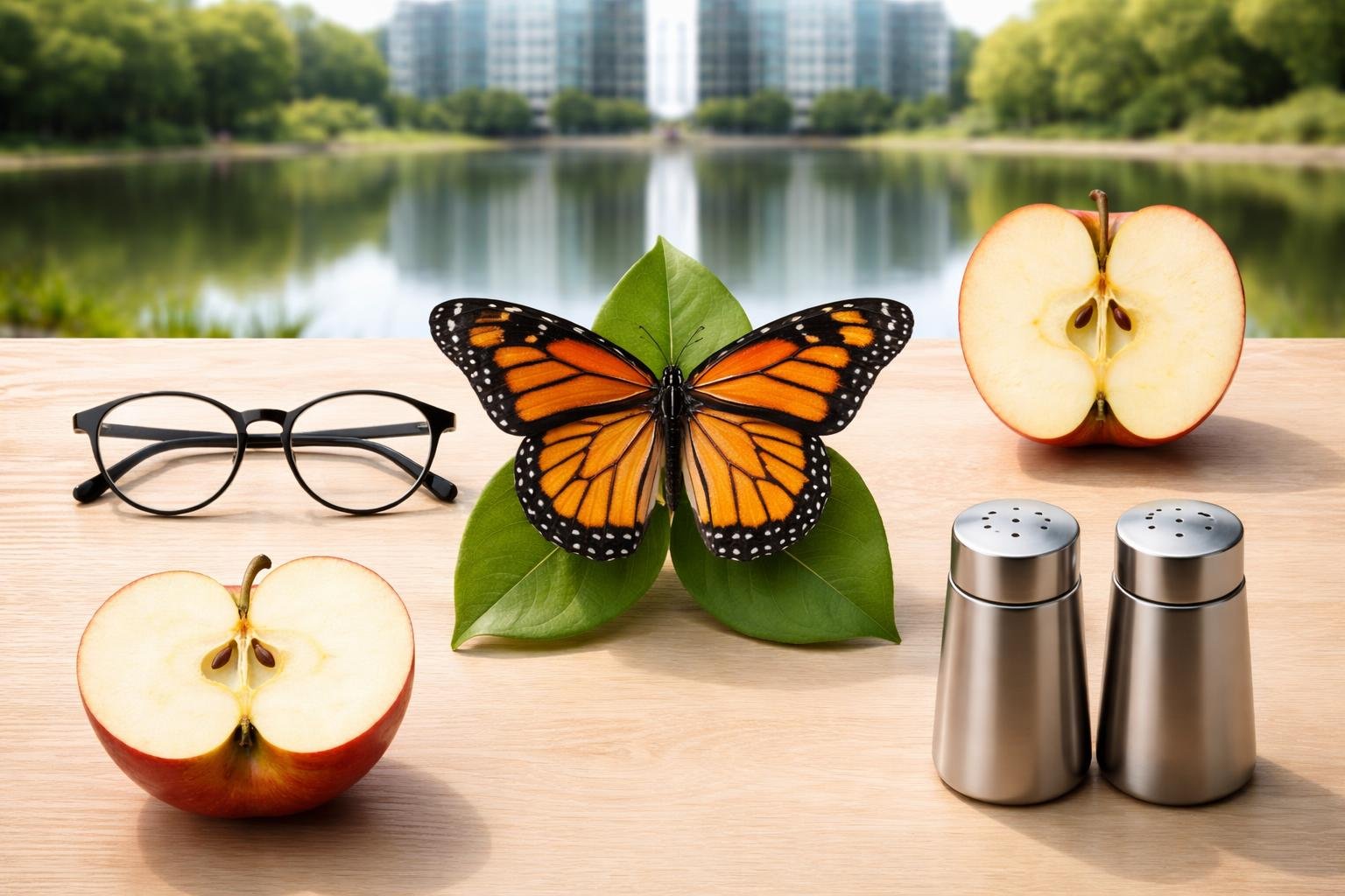A butterfly with symmetrical wings on a leaf, surrounded by symmetrical everyday objects like eyeglasses, a sliced apple, salt and pepper shakers, and a building reflected in water.