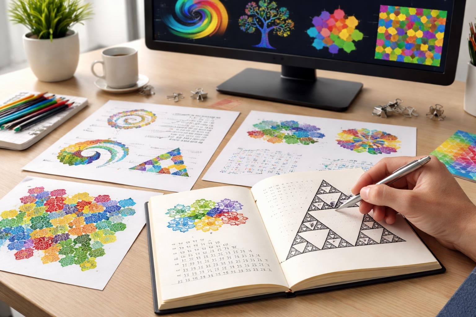 A workspace with papers and a notebook showing various mathematical patterns, a hand holding a pen, and a computer screen displaying graphs and patterns.