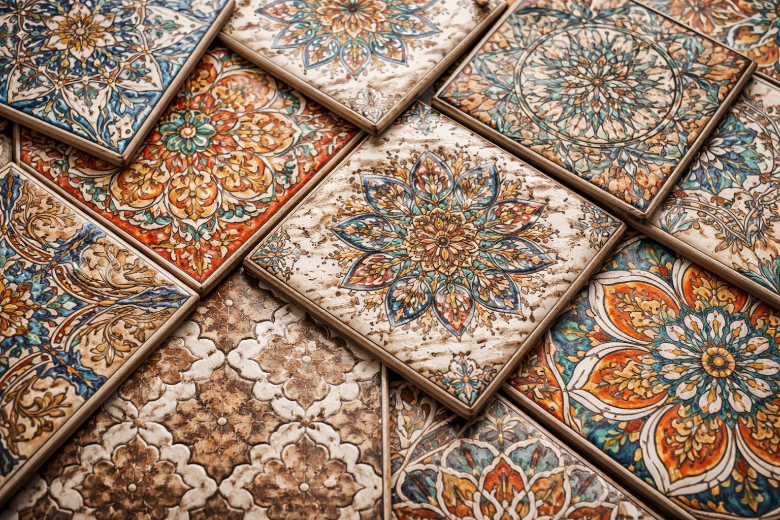 Close-up view of various colorful and detailed patterns arranged together.