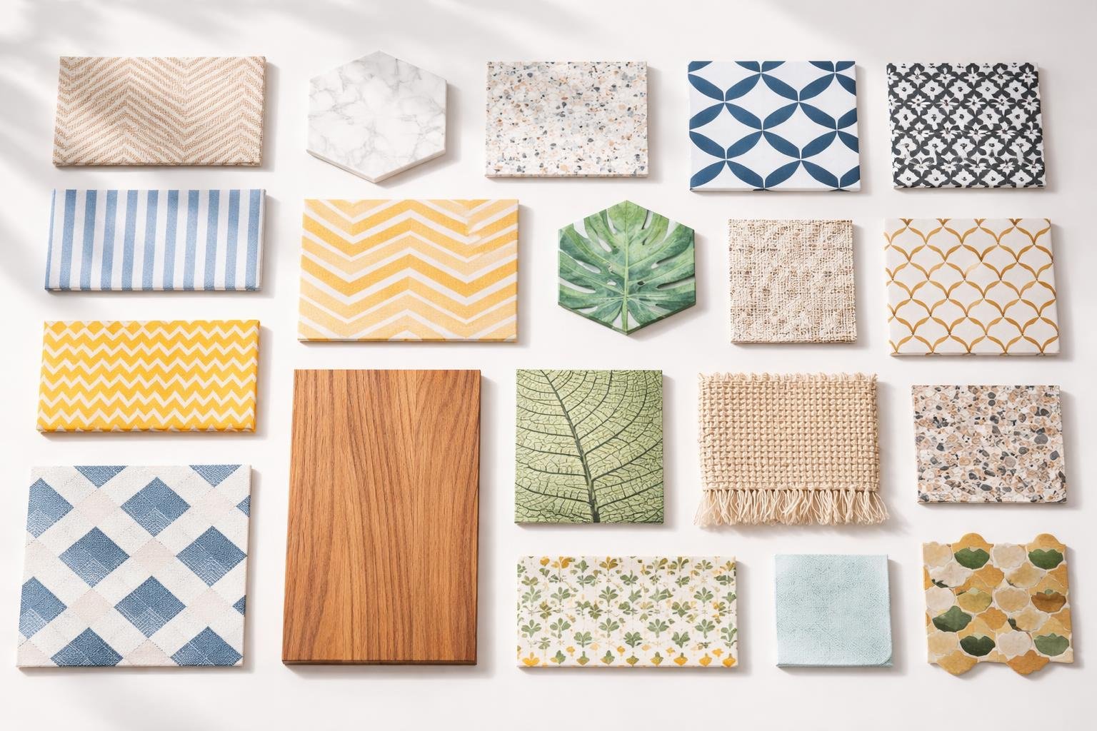 An assortment of different patterns including fabric swatches, geometric shapes, and natural textures arranged neatly on a white surface.