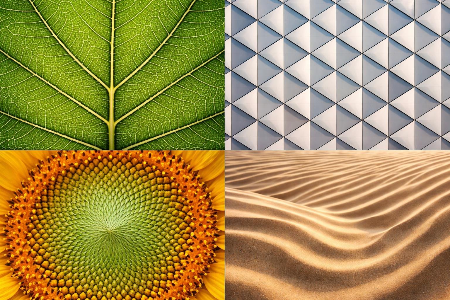 Close-up view of natural leaf veins, geometric building tiles, sunflower seed spirals, and sand dune waves.