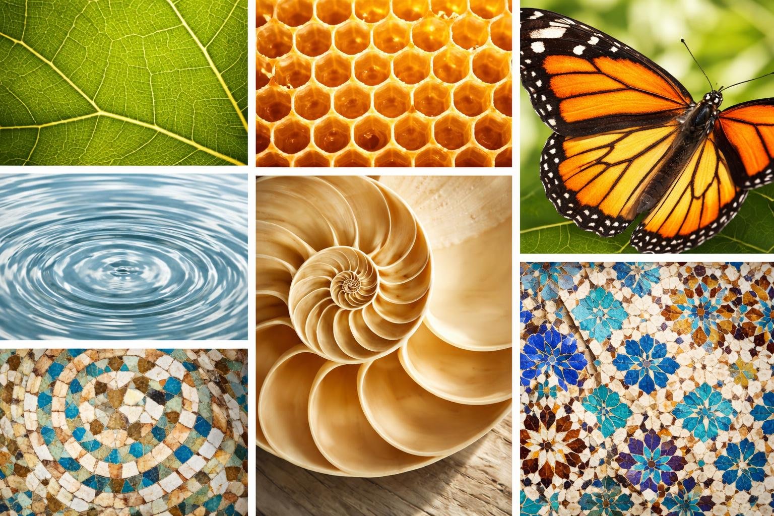 Close-up images of natural and human-made patterns including leaf veins, honeycombs, water ripples, seashell spirals, building tiles, and butterfly wings.