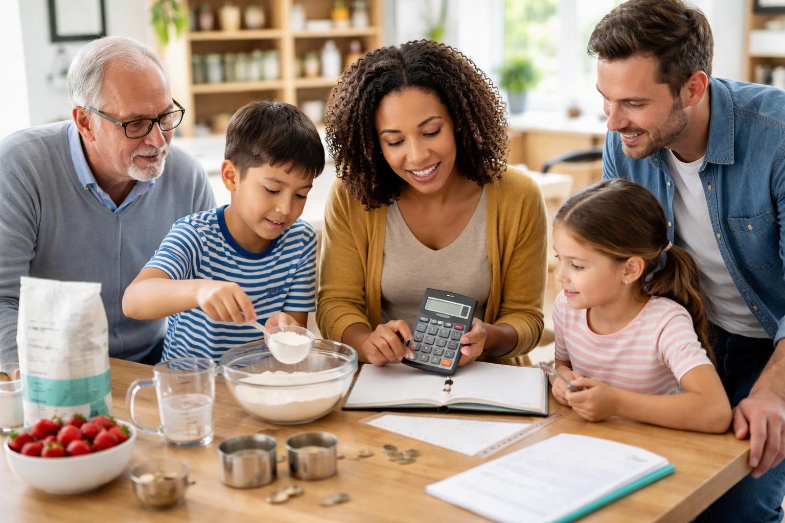 A group of people working together on a math problem using everyday objects in a bright room.