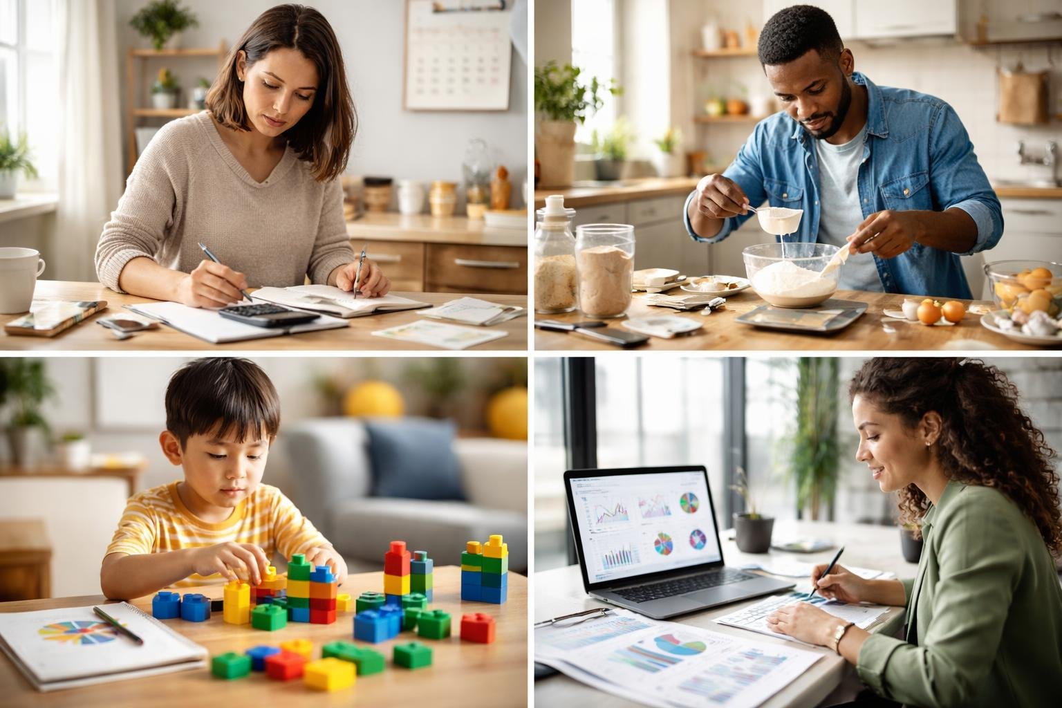 People performing everyday activities involving math, such as calculating expenses, measuring ingredients, counting blocks, and analyzing charts.