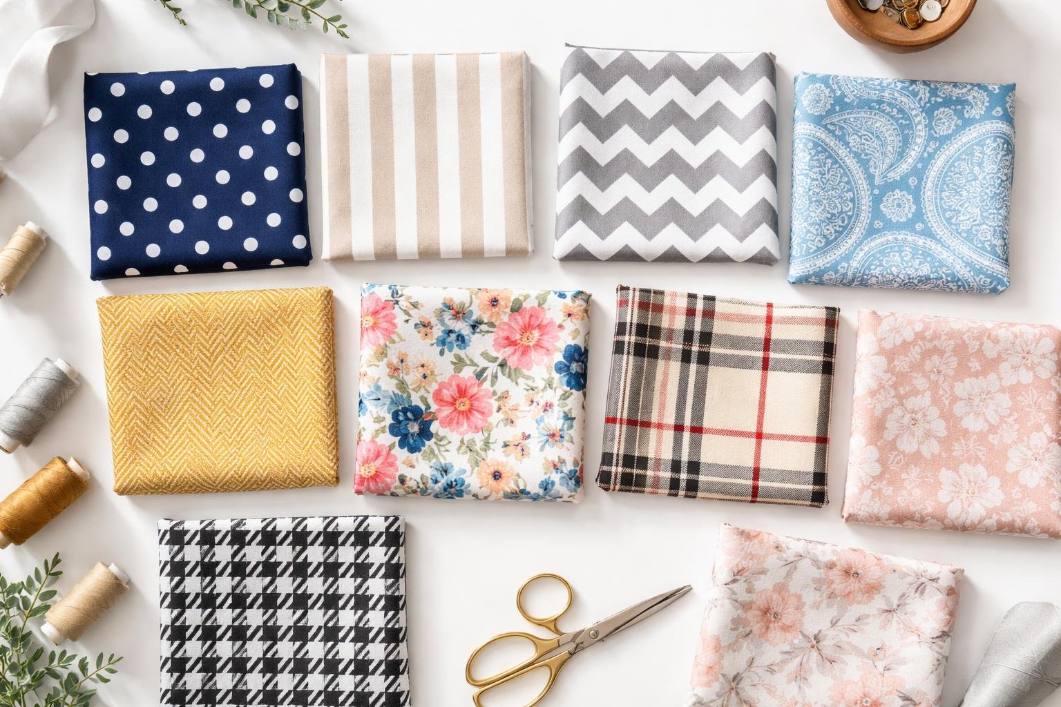 A flat lay of various fabric swatches showing different patterns such as polka dots, stripes, chevrons, paisley, floral, plaid, and houndstooth arranged on a white surface.