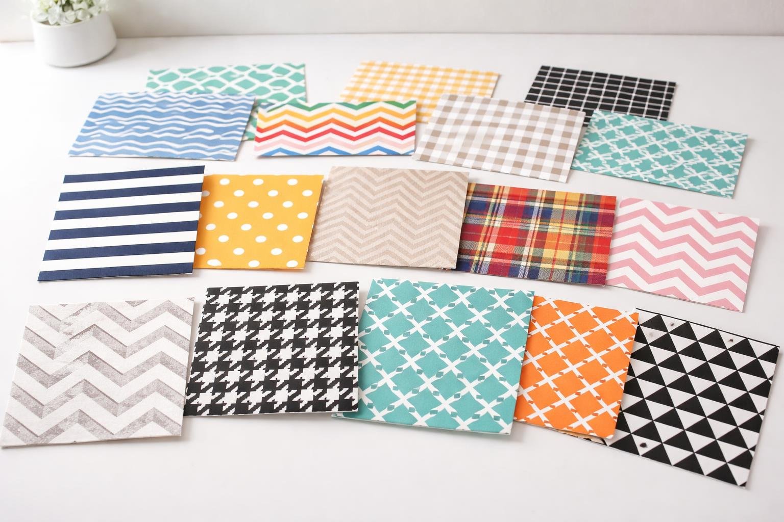 A collection of different pattern types including stripes, polka dots, chevrons, herringbone, plaid, and geometric shapes displayed on separate cards against a plain background.