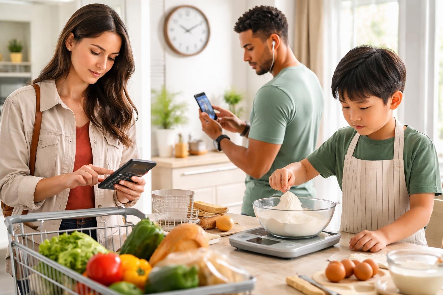People using math in daily activities like shopping, cooking, and tracking fitness in a bright home setting.