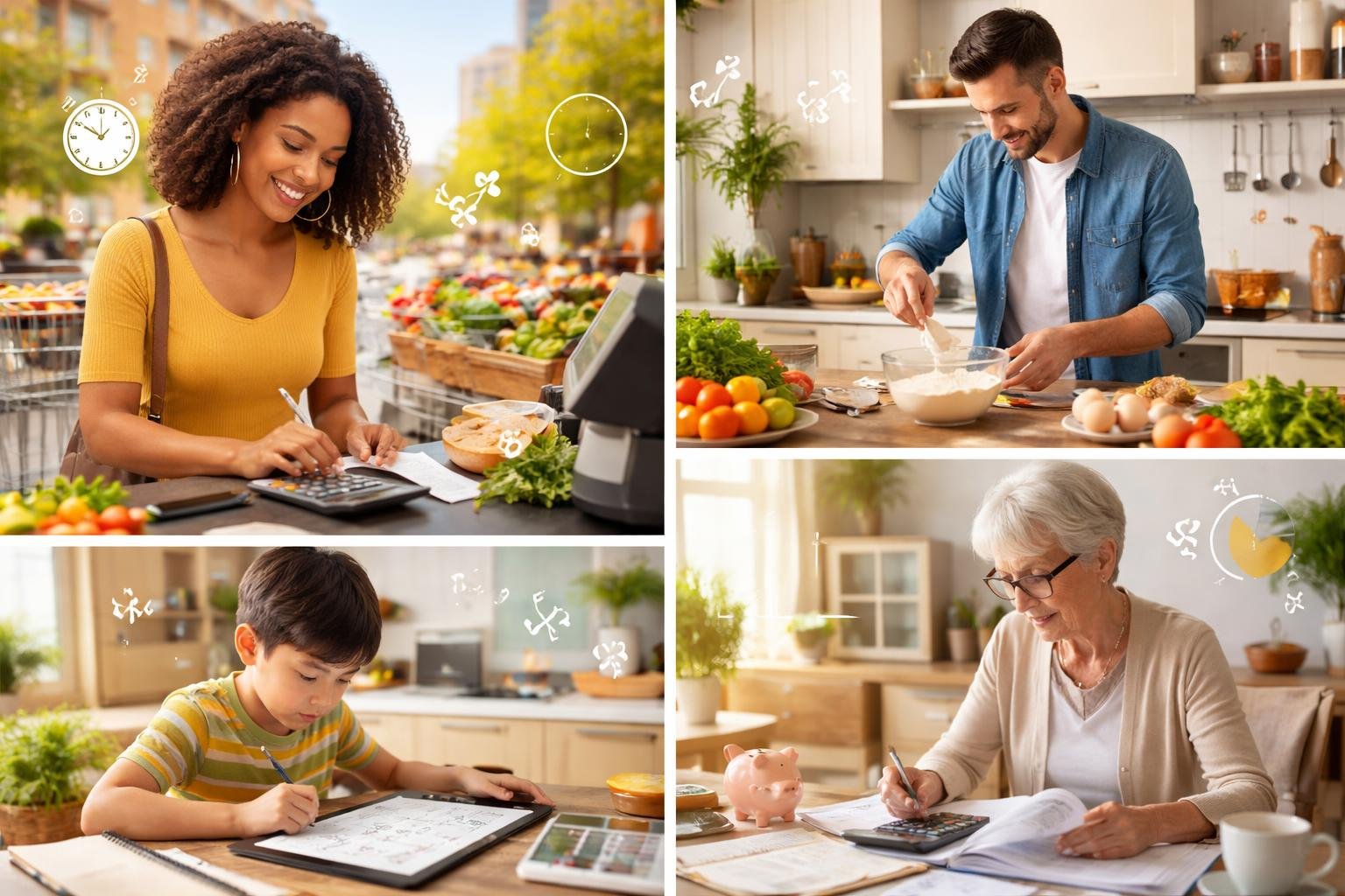 People of different ages using math in daily activities like shopping, cooking, studying, and budgeting.