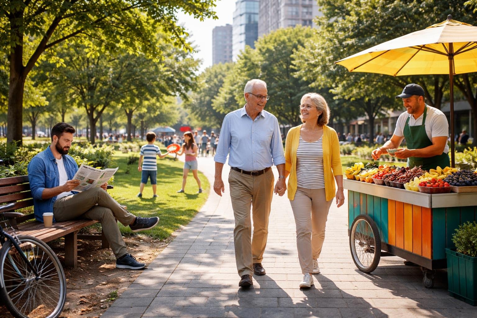 People of different ages enjoying various activities in a city park, including jogging, walking, reading, playing, and buying fruit.