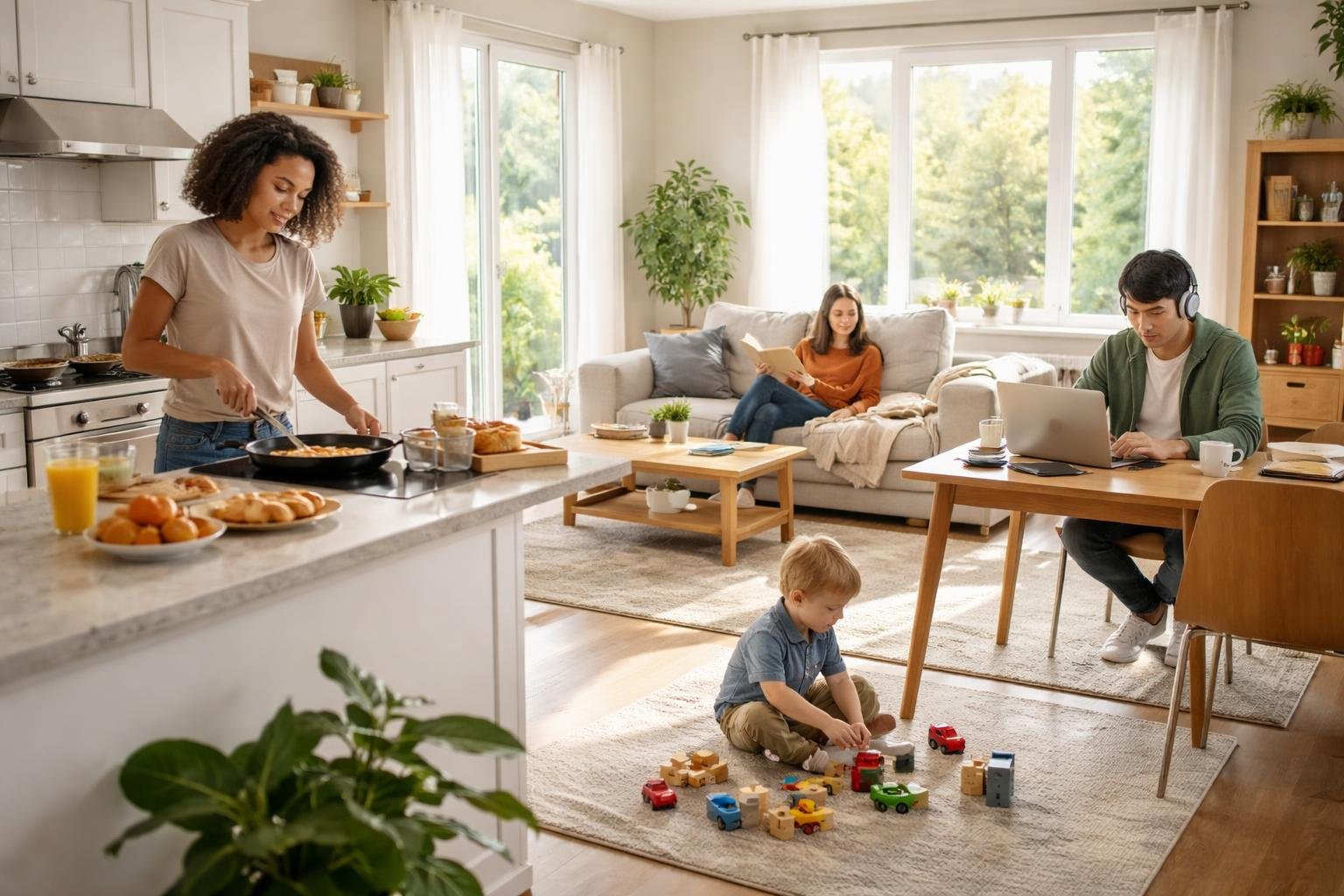 A diverse group of people performing everyday activities at home, including cooking, reading, working on a laptop, and playing.