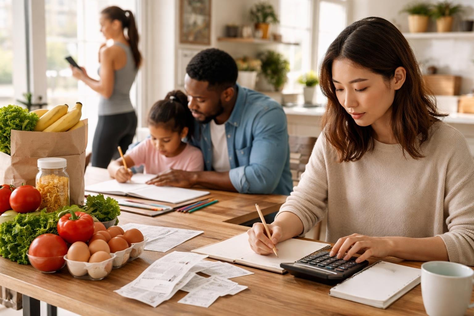People using math in daily activities like budgeting groceries, helping with homework, and tracking fitness data on a smartphone in a bright home.
