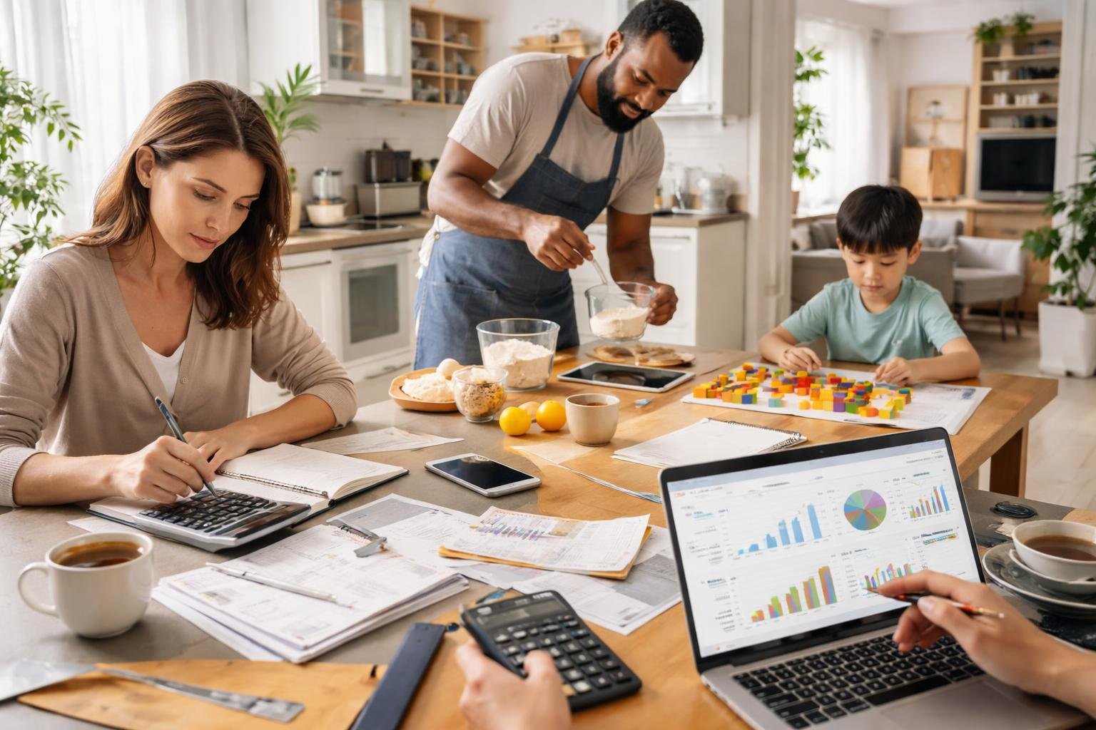 People using calculators, measuring ingredients, solving puzzles, and analyzing charts to apply mathematics in daily life activities.