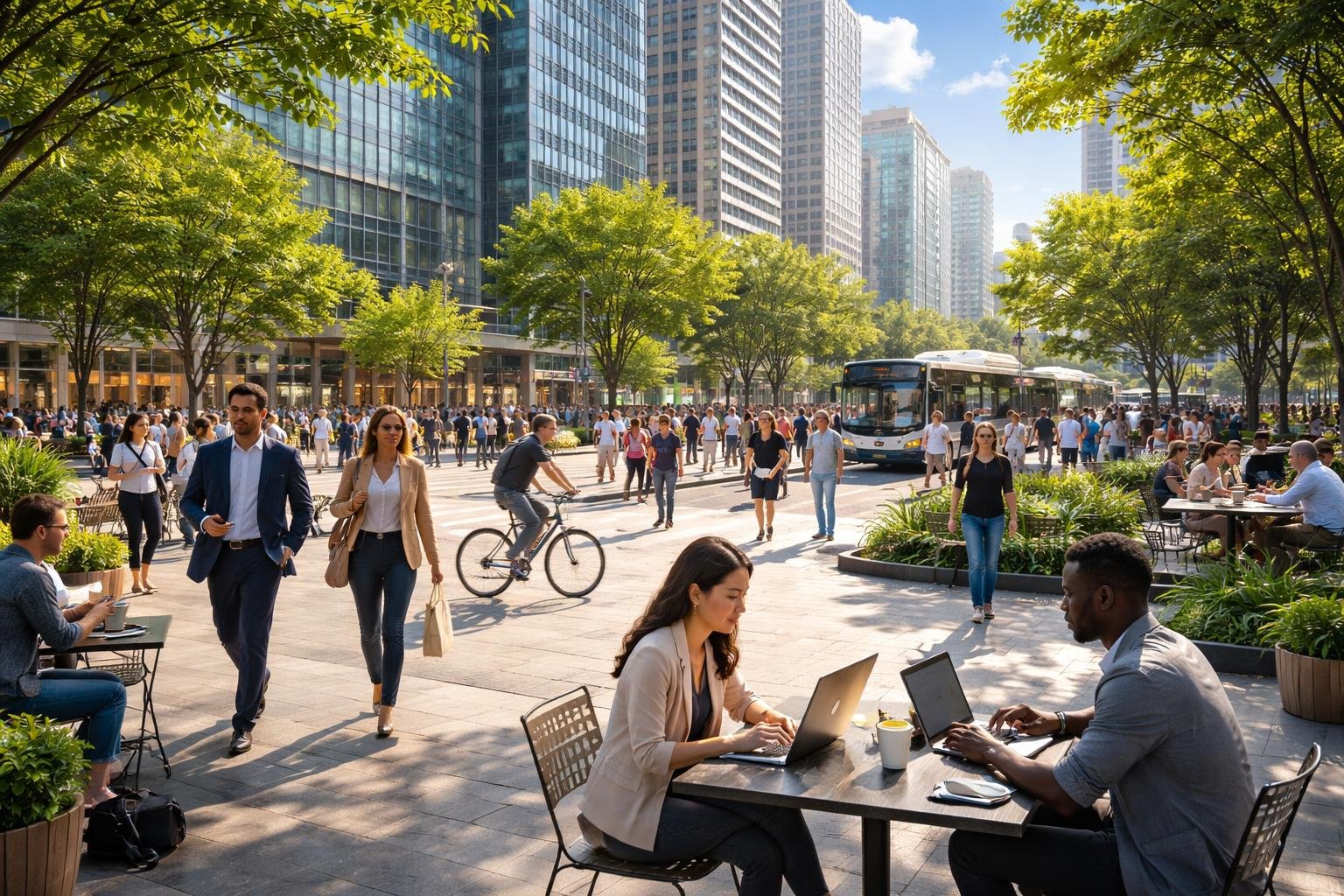 People walking, cycling, and working in a busy city park surrounded by office buildings and trees.