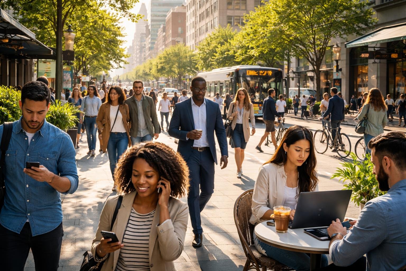 People engaged in everyday activities in a city setting, including walking, working, and commuting.