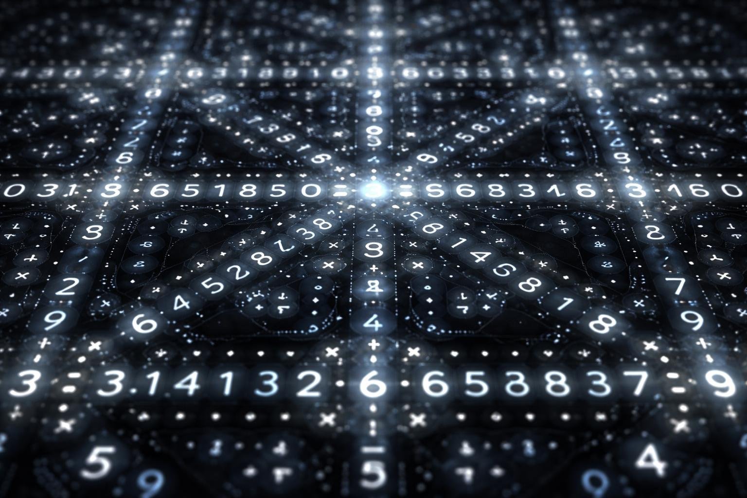 Close-up view of intricate numeric patterns formed by numbers and mathematical symbols arranged in a symmetrical design on a dark background.