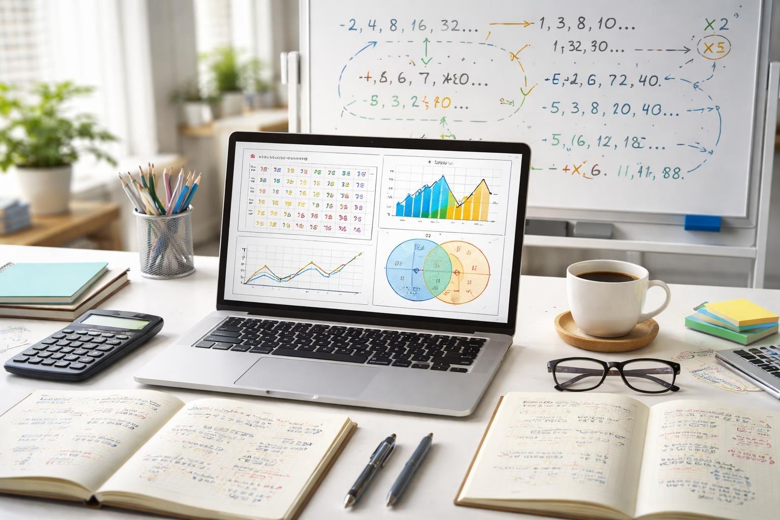 A workspace with a laptop showing numeric charts, notebooks with handwritten numbers, a calculator, and a whiteboard displaying numeric sequences and mathematical symbols.