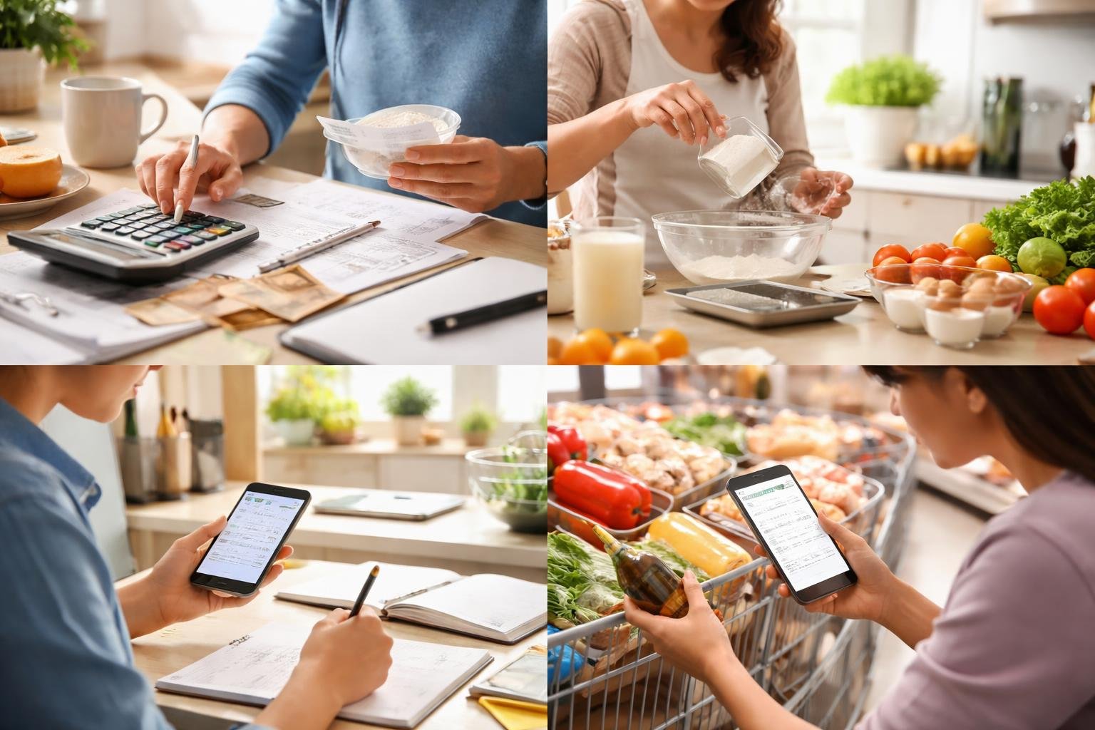 People performing daily activities involving math, such as calculating expenses, measuring ingredients, solving problems, and comparing prices.