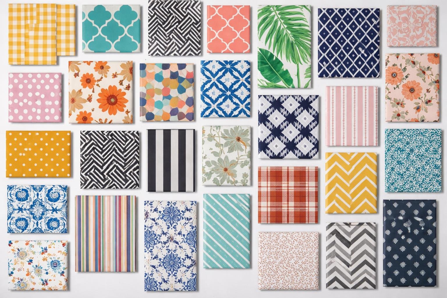 A flat lay of various colorful patterned fabrics, tiles, and prints arranged neatly on a neutral background.