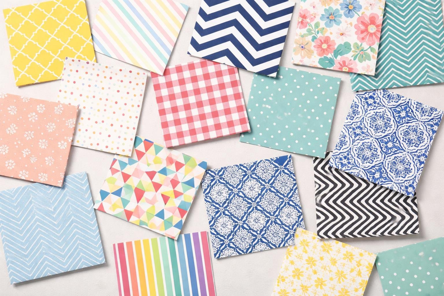 Close-up view of various fabric and paper samples displaying different types of patterns arranged neatly on a neutral background.