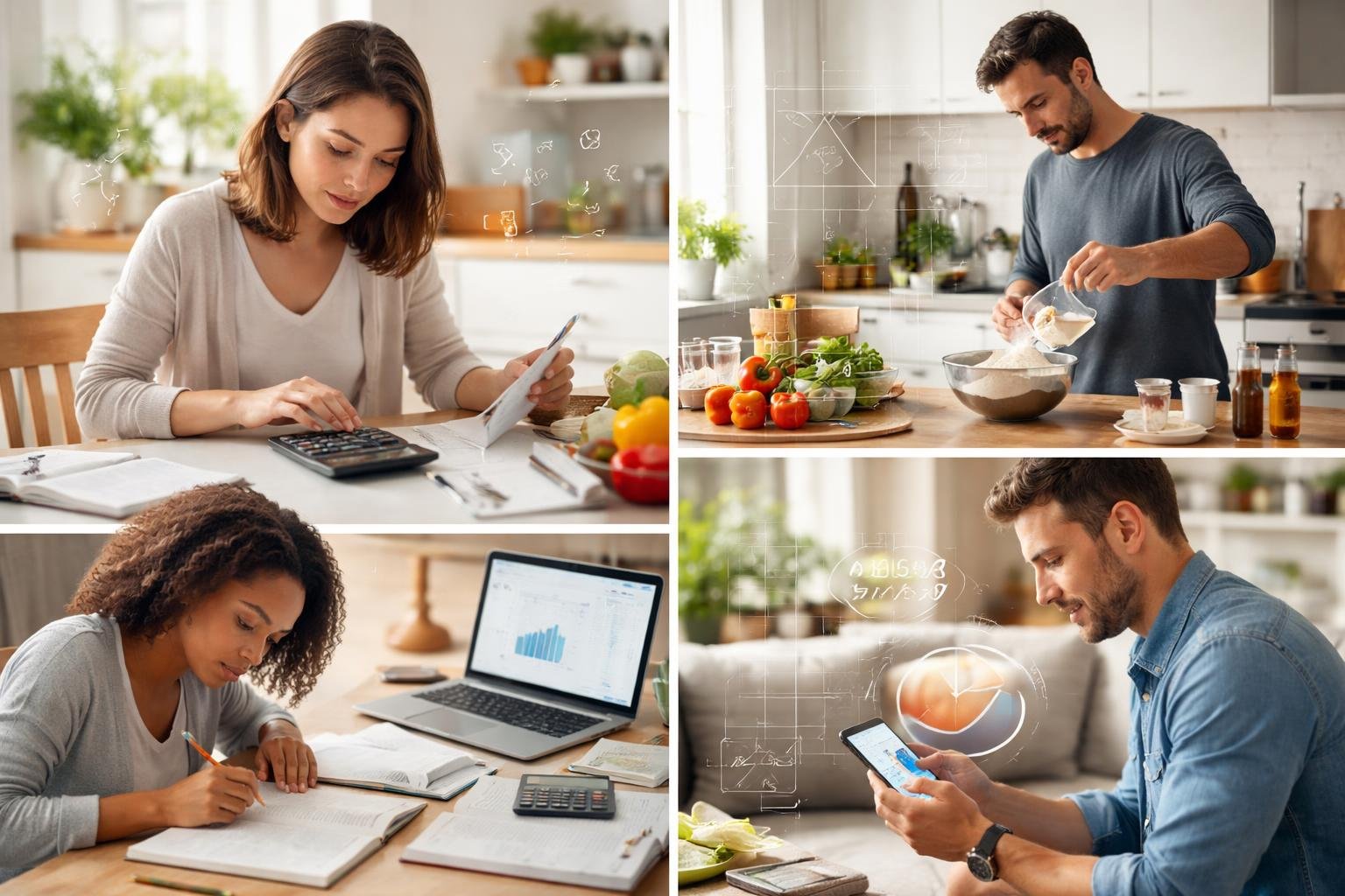 People using math in everyday activities like cooking, shopping, studying, and managing expenses.
