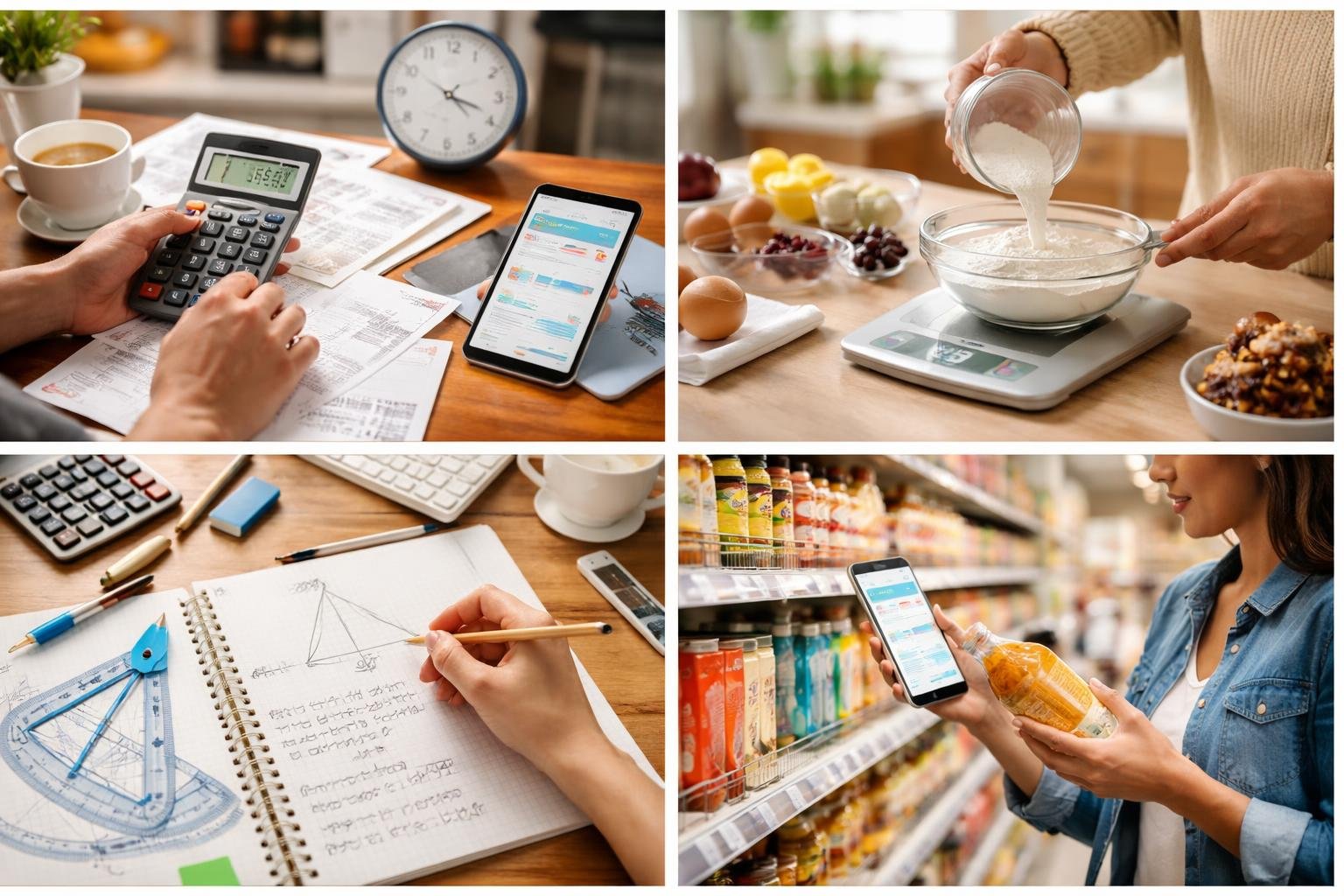 People performing everyday activities involving math, such as calculating expenses, measuring ingredients, solving math problems, and comparing prices while shopping.